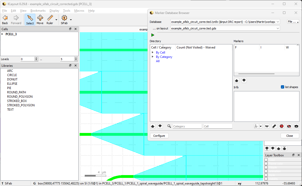 KLayout showing DRC errors