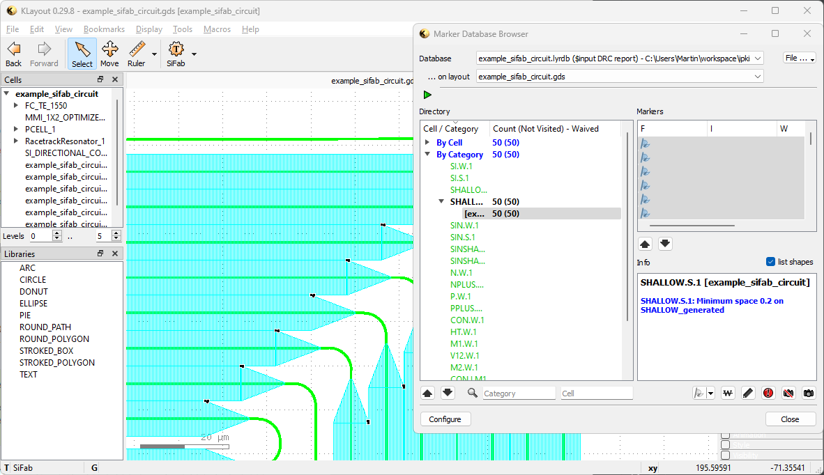 KLayout showing DRC errors