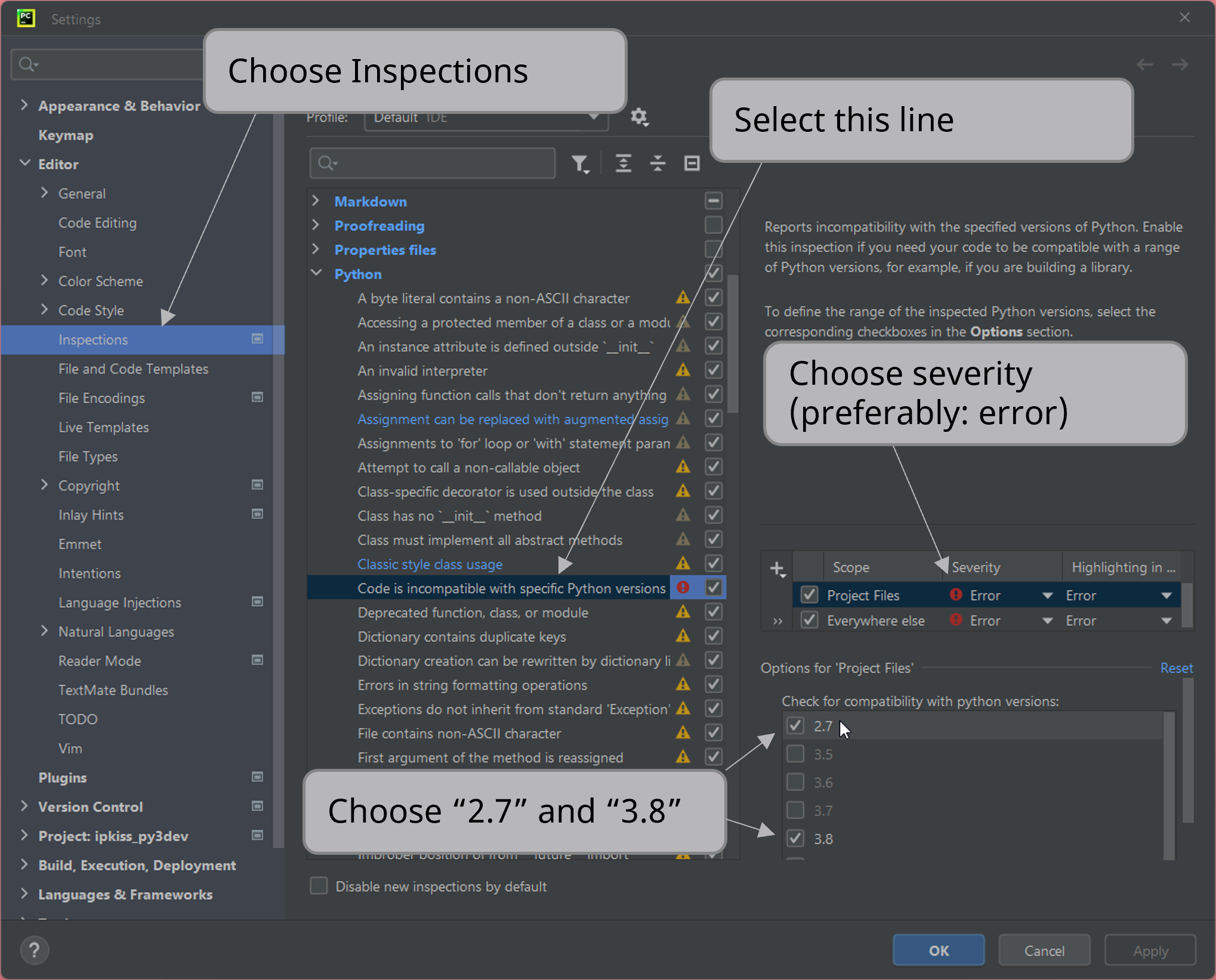 Setting up PyCharm so code is compatible with both Python 2 and Python 3.