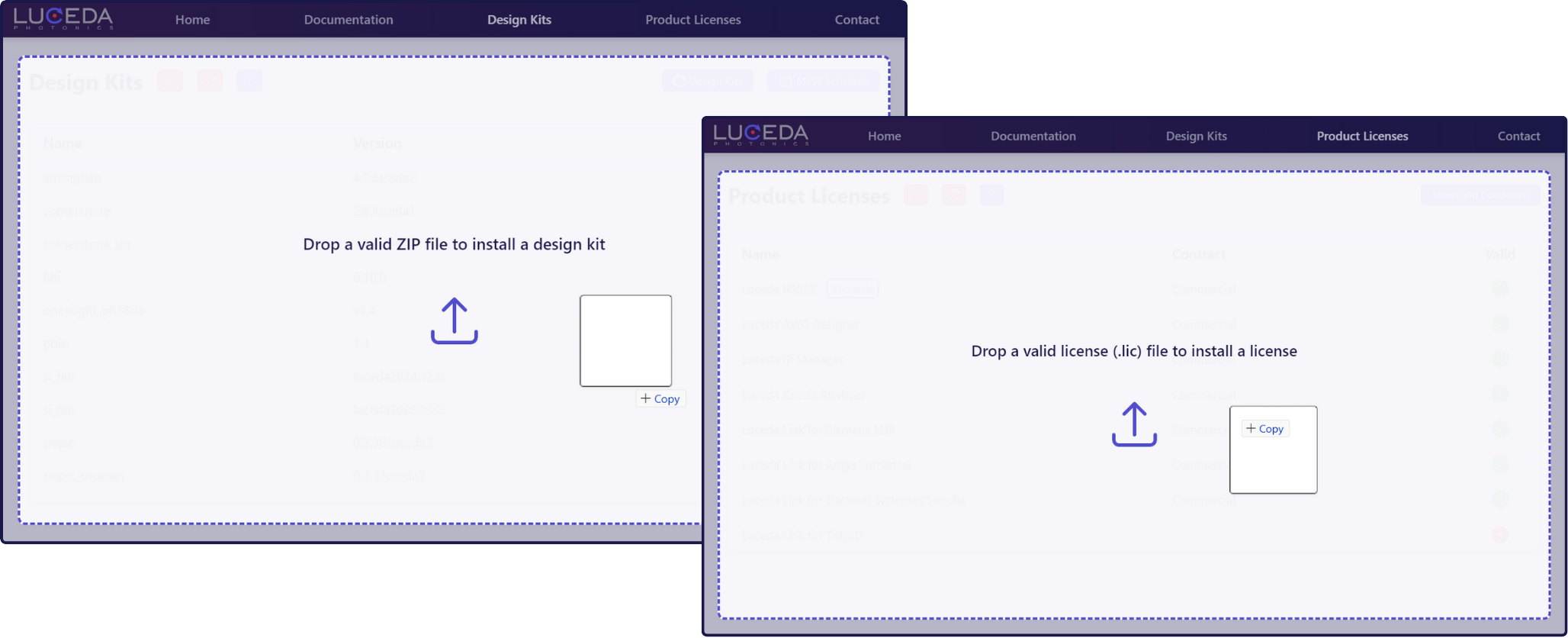 Drag-and-drop of Luceda Design Kits and Luceda licenses into the Luceda Control Center.