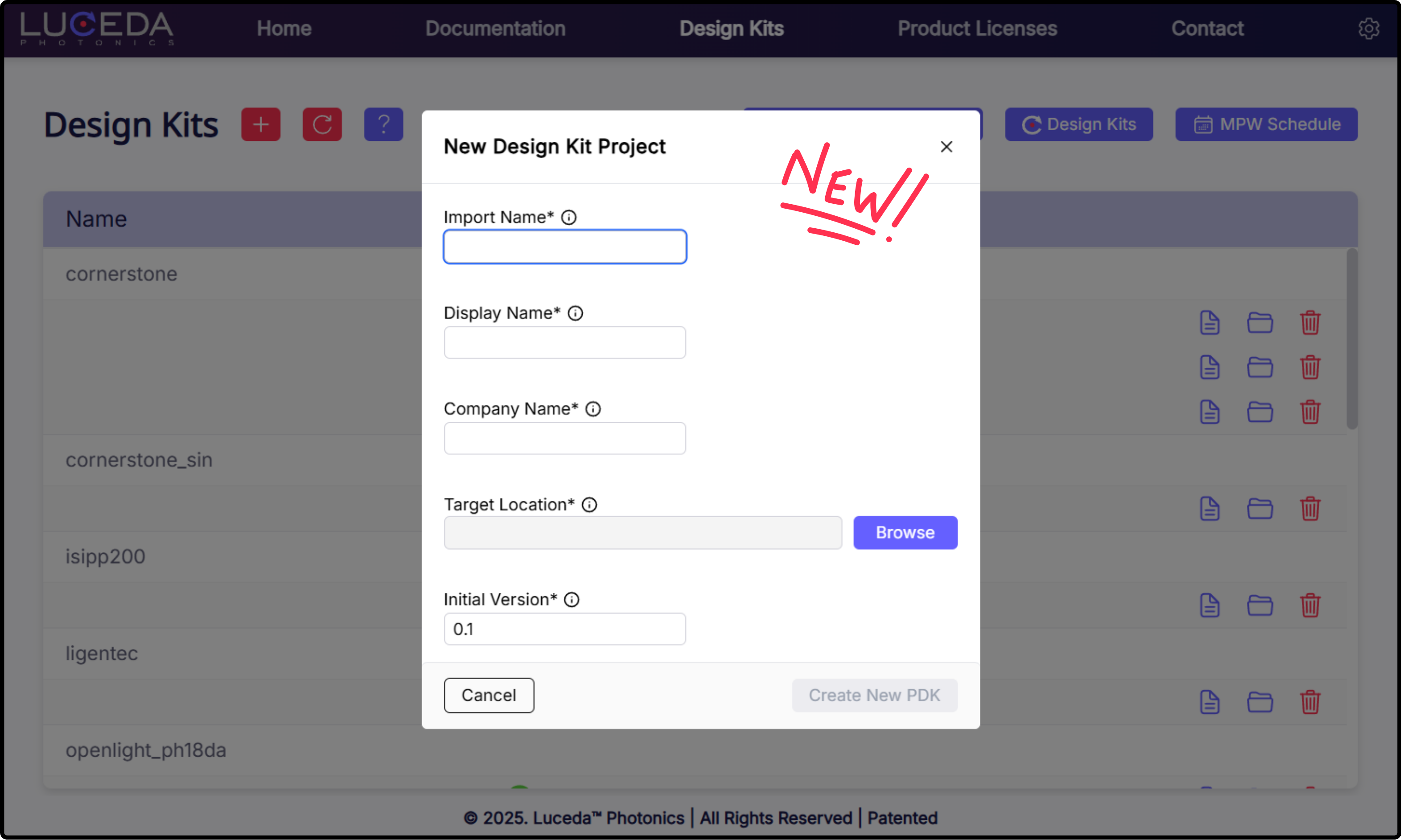 Creating a new PDK from the Luceda Control Center.