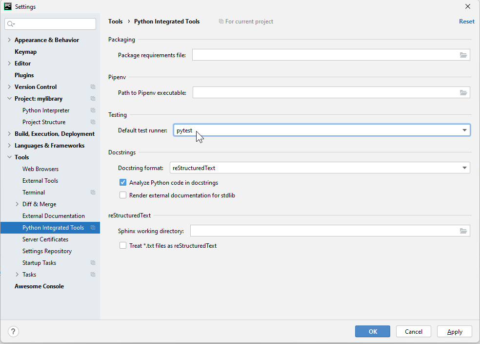 PyCharm: set pytest as test runner