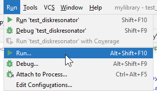PyCharm Run menu