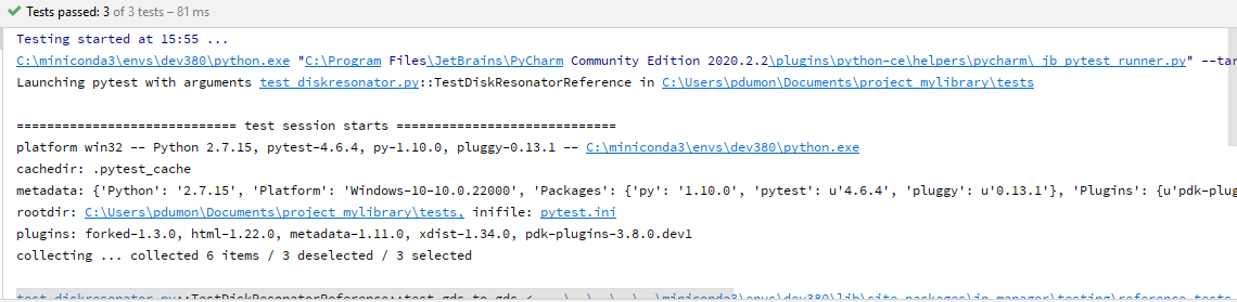 Test results log in PyCharm